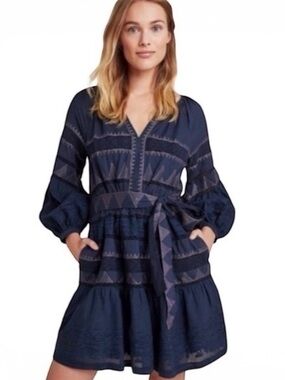 Anthropologie Skye Embroidered Blue Puff Long Sleeve Bohemian Mini Dress Size S